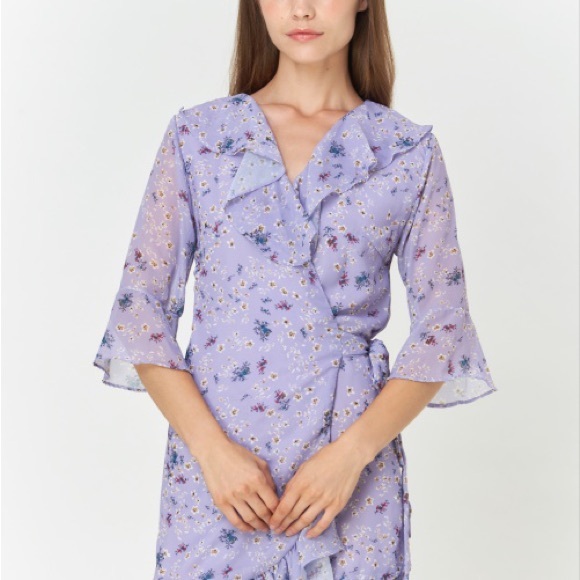 Purple floral wrap ruffle dress - Picture 6 of 9